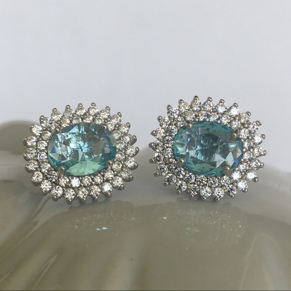 LAST PAIR!  Sterling silver aquamarine CZ Earrings - Picture 2 of 7